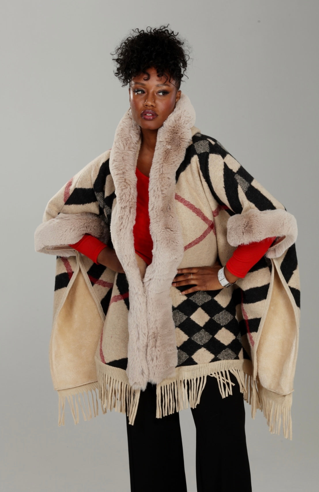 Faux fur wrap poncho