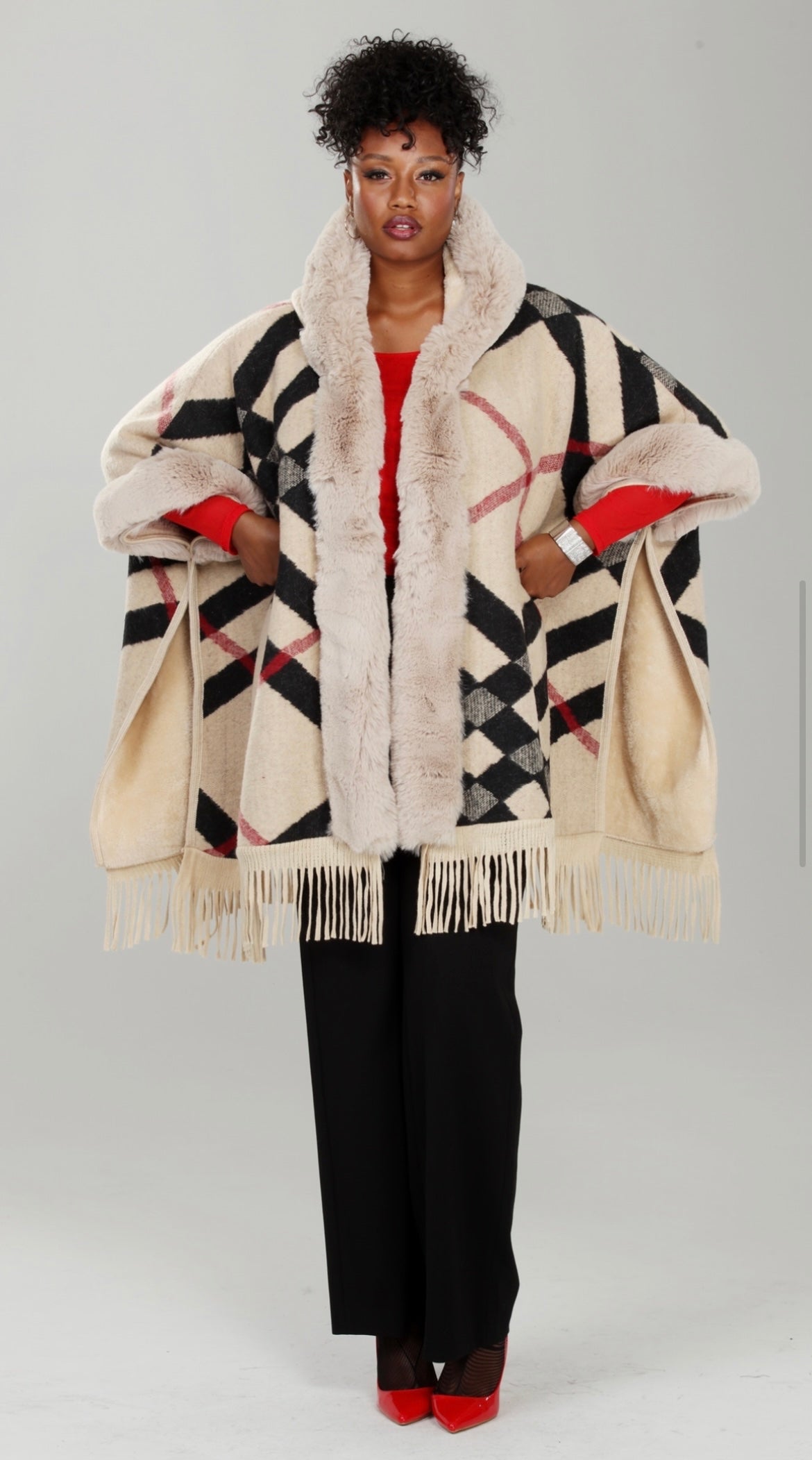 Faux fur wrap poncho