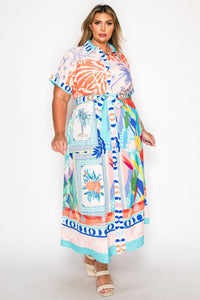 Plus Size Multi Tropical Print Collared Belted Short Sleeve Maxi Dress
