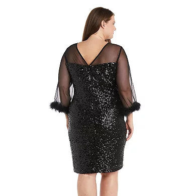 Short Sequin Sheath Dress with Faux Feather Trim