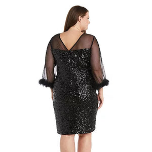 Short Sequin Sheath Dress with Faux Feather Trim