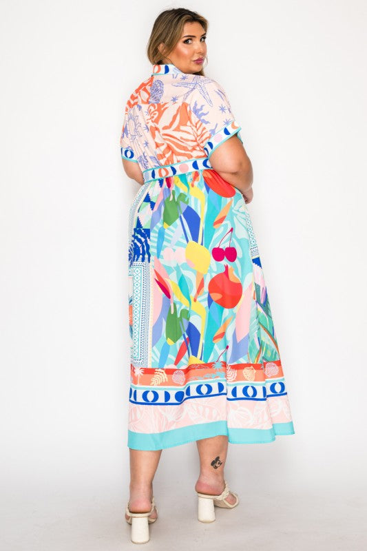Plus Size Multi Tropical Print Collared Belted Short Sleeve Maxi Dress
