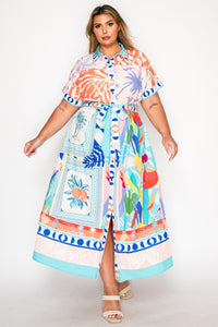 Plus Size Multi Tropical Print Collared Belted Short Sleeve Maxi Dress