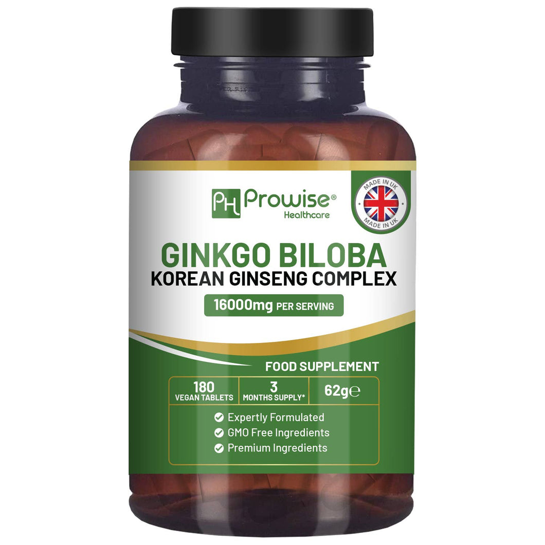Ginkgo Biloba con Ginseng Coreano 16,000 mg – 180 Tabletas Veganas / Ginkgo Biloba and Korean Ginseng Tablets 16000mg 180 Vegan
