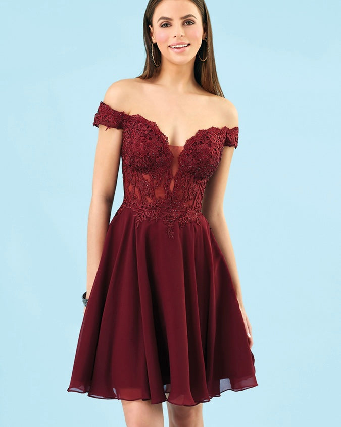 Adorable off-the-shoulder chiffon cocktail dress.