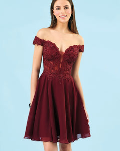 Adorable off-the-shoulder chiffon cocktail dress.