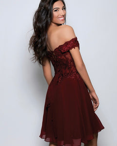 Adorable off-the-shoulder chiffon cocktail dress.