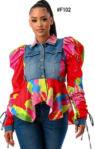 DENIM BLOCK MULTI COLOR PUFF TOP