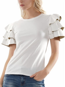 FAUX LEATHER TIER WHITE SLEEVE TOP WITH RUFFLES