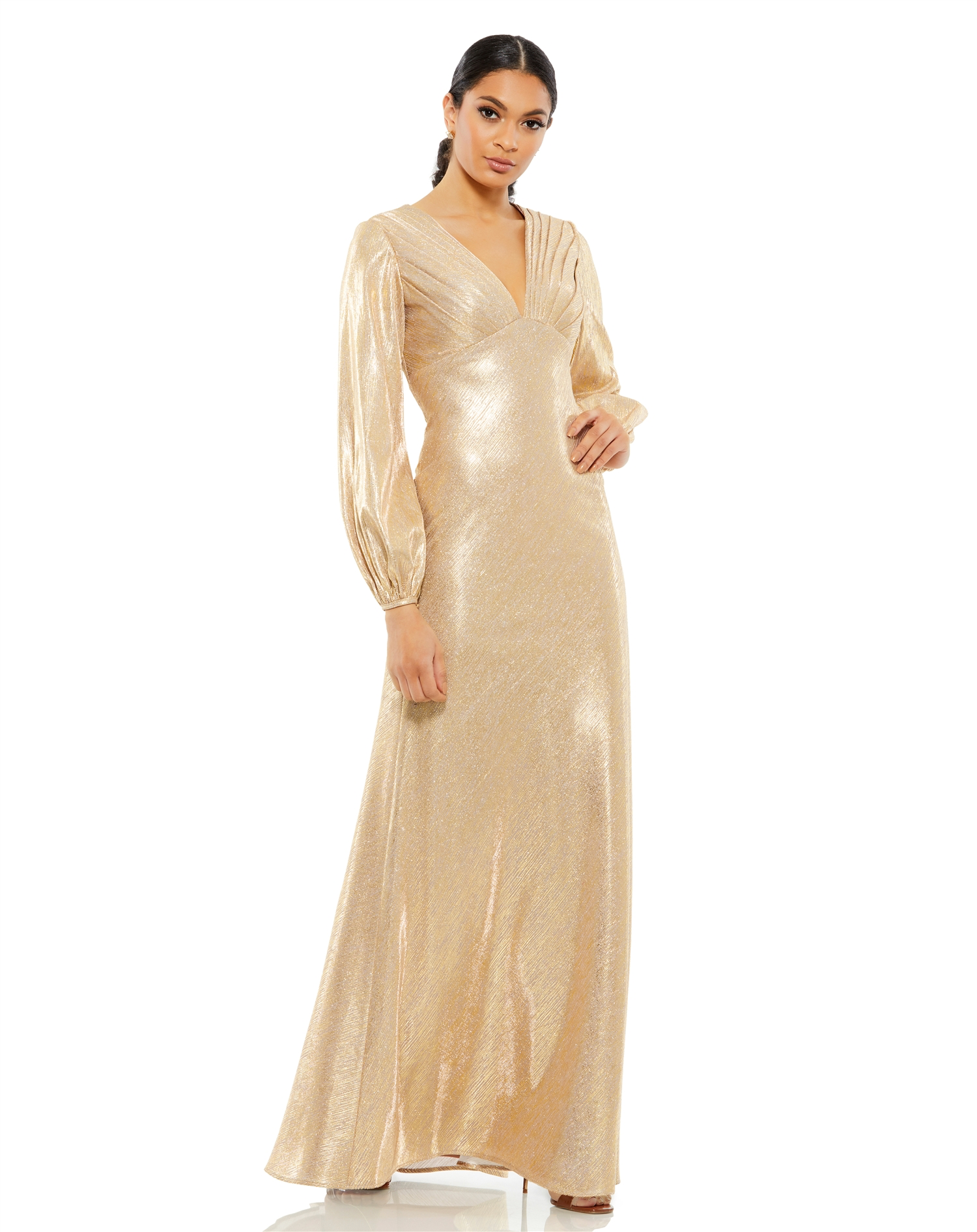 Stunning v-neckline long sleeve gown with matallic fabric