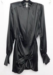 BLACK SATIN LONG SLEEVE WRAP DRESS